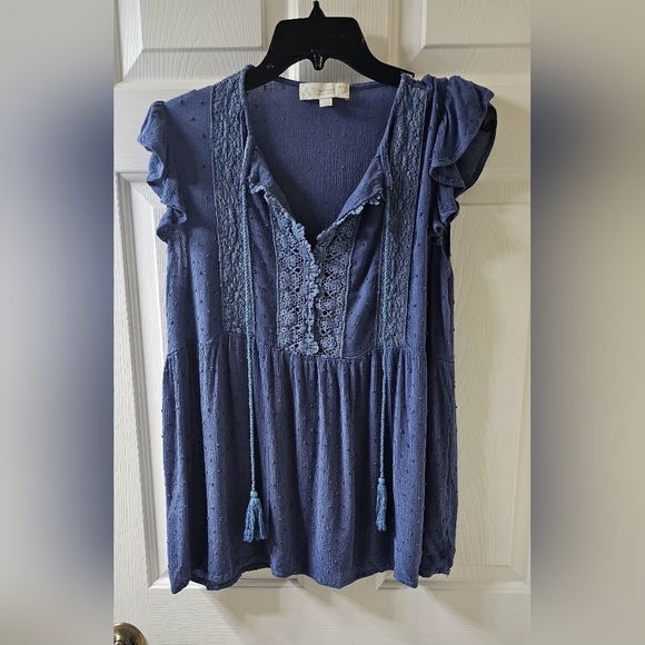 Tops - Susan Betro Blue Intricate Bohemian Detail Capped Sleeved Women's LargeTop